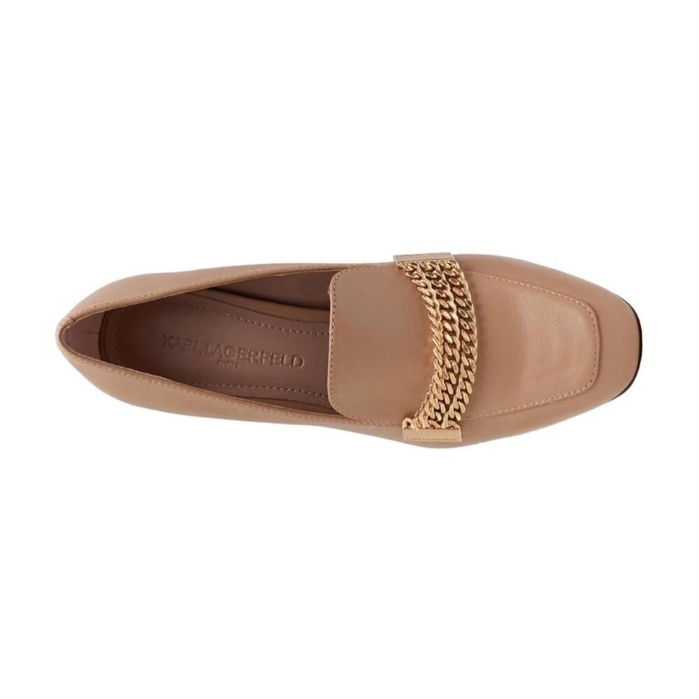 Karl Lagerfeld Tan Suede Leather Loafers Womens 8 Gold Chain Hardware Preppy